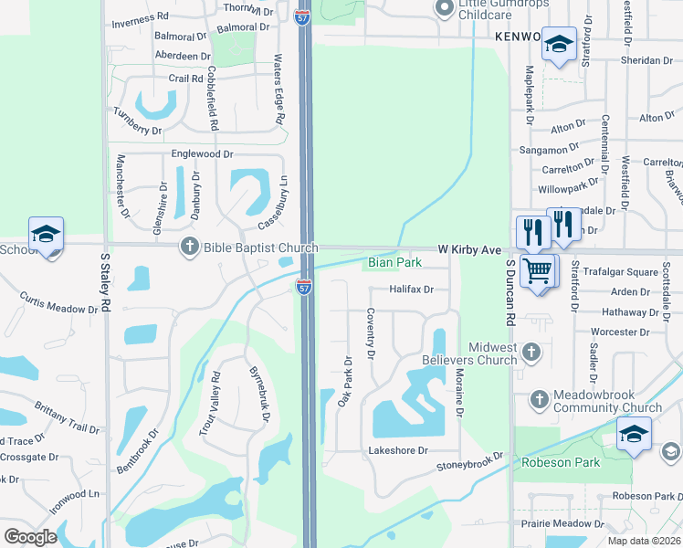 map of restaurants, bars, coffee shops, grocery stores, and more near 1608 Oak Park Drive in Champaign