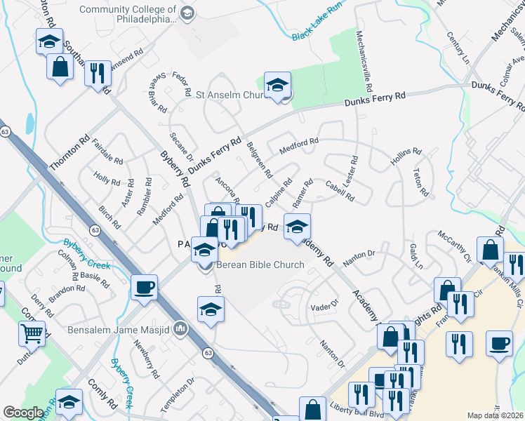 map of restaurants, bars, coffee shops, grocery stores, and more near 12520 Calpine Road in Philadelphia