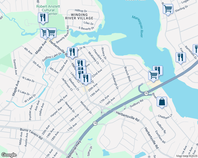 map of restaurants, bars, coffee shops, grocery stores, and more near 245 20th Avenue in Brick Township