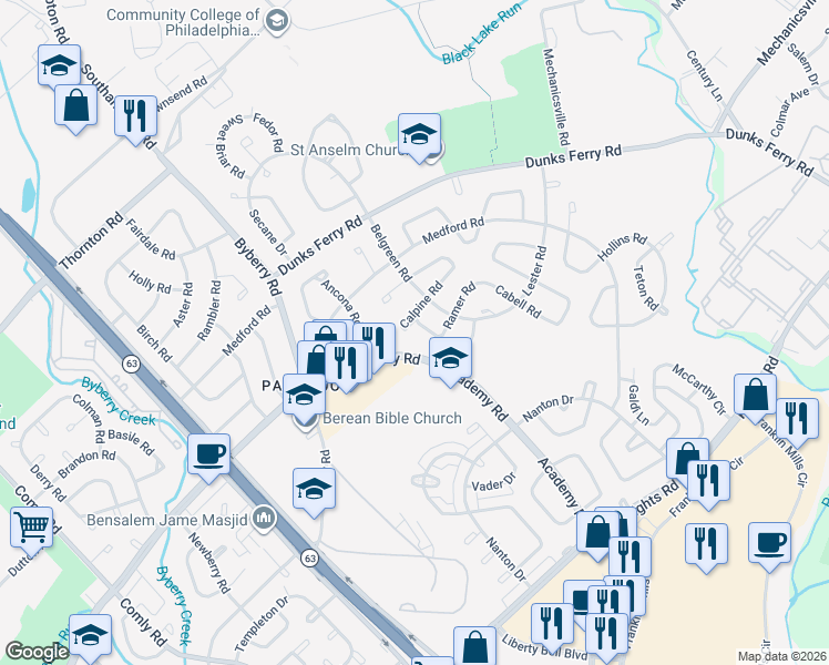 map of restaurants, bars, coffee shops, grocery stores, and more near 12520 Calpine Road in Philadelphia