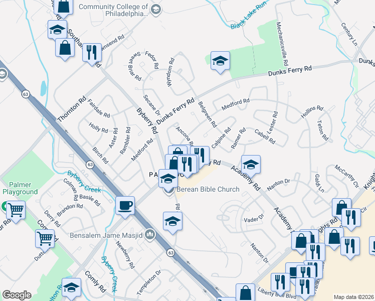 map of restaurants, bars, coffee shops, grocery stores, and more near 3319 Ancona Road in Philadelphia