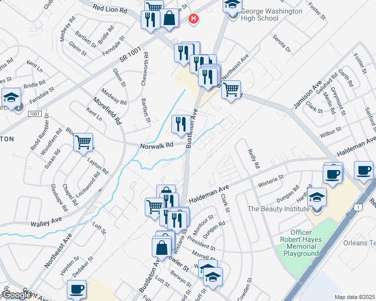 map of restaurants, bars, coffee shops, grocery stores, and more near 9915 Bustleton Avenue in Philadelphia