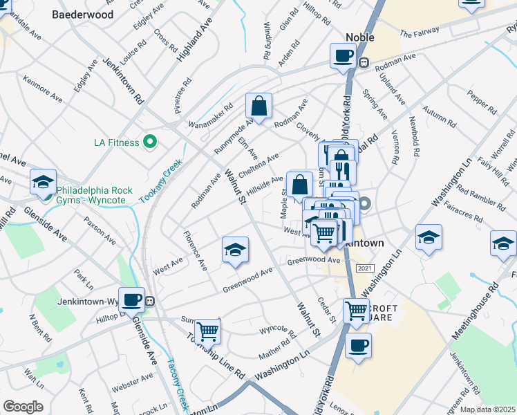 map of restaurants, bars, coffee shops, grocery stores, and more near 418 Linden Street in Jenkintown