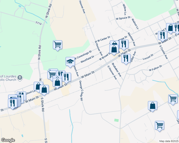 map of restaurants, bars, coffee shops, grocery stores, and more near 554 West Broad Street in New Holland