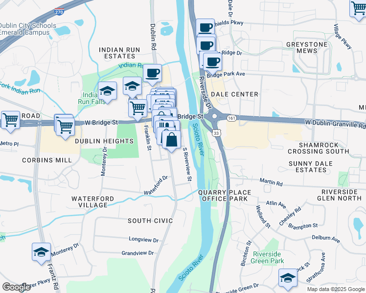 map of restaurants, bars, coffee shops, grocery stores, and more near 84 South Riverview Street in Dublin