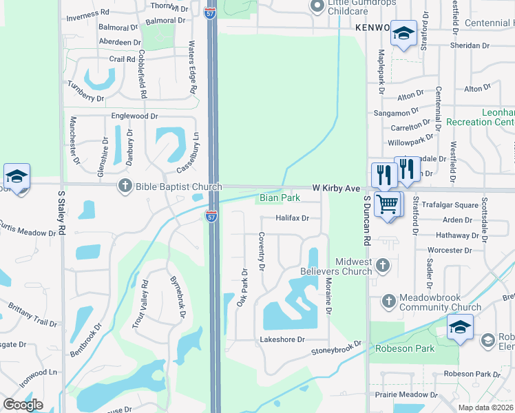 map of restaurants, bars, coffee shops, grocery stores, and more near 1903A Oak Park Drive in Champaign