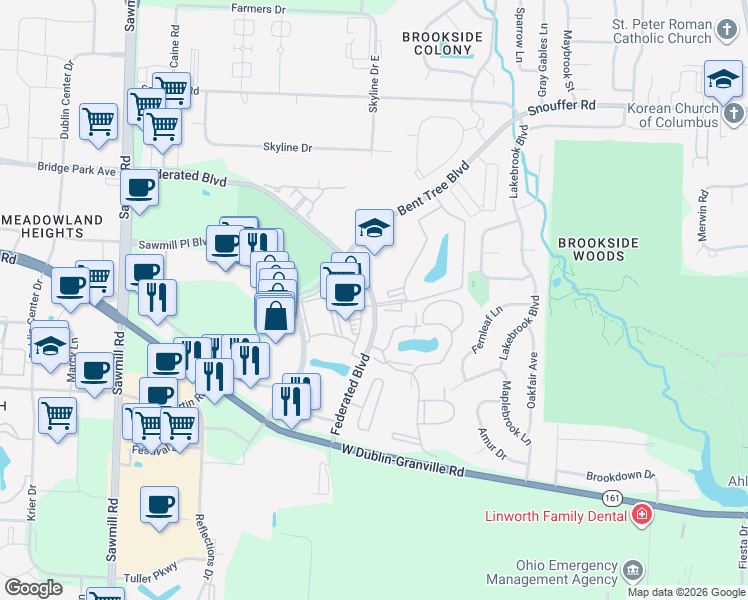 map of restaurants, bars, coffee shops, grocery stores, and more near 2350 Federated Boulevard in Columbus