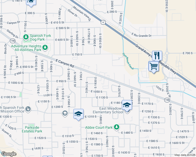 map of restaurants, bars, coffee shops, grocery stores, and more near 1890 East Canyon Road in Spanish Fork
