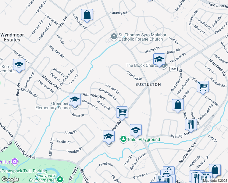 map of restaurants, bars, coffee shops, grocery stores, and more near 632 Artwood Drive in Philadelphia