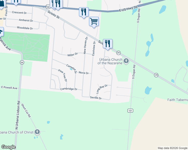 map of restaurants, bars, coffee shops, grocery stores, and more near 158 Bentwood Court in Urbana