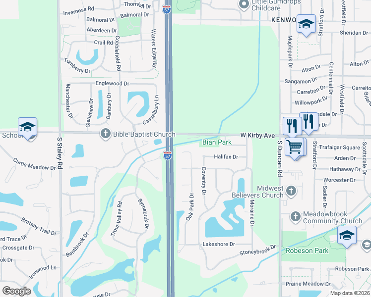 map of restaurants, bars, coffee shops, grocery stores, and more near 1608 Oak Park Drive in Champaign