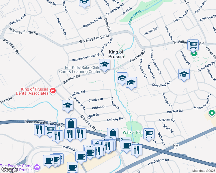 map of restaurants, bars, coffee shops, grocery stores, and more near 508 Crossfield Road in King of Prussia