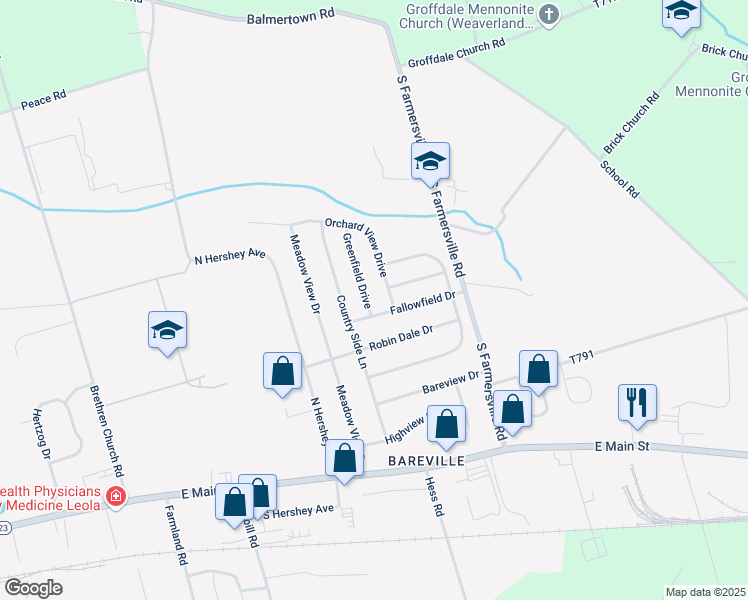 map of restaurants, bars, coffee shops, grocery stores, and more near 105 Greenfield Drive in Leacock-Leola-Bareville
