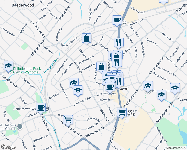 map of restaurants, bars, coffee shops, grocery stores, and more near 418 Linden Street in Jenkintown