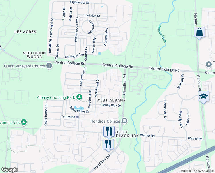 map of restaurants, bars, coffee shops, grocery stores, and more near 6196 Albany Brooke Drive in Westerville