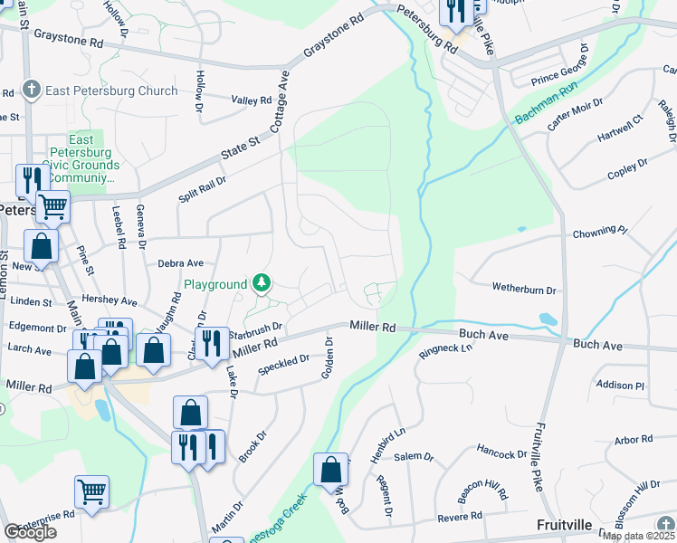 map of restaurants, bars, coffee shops, grocery stores, and more near 823 Founders Way in East Petersburg