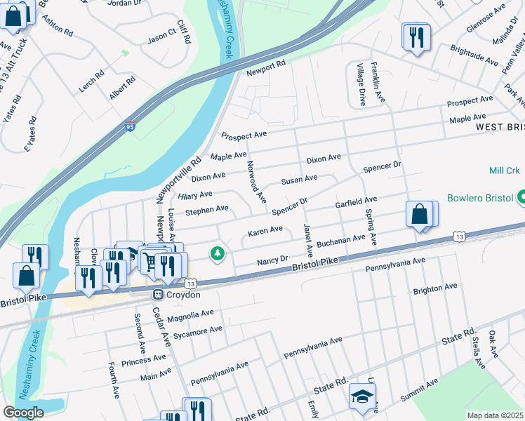 map of restaurants, bars, coffee shops, grocery stores, and more near 1205 Spencer Drive in Croydon