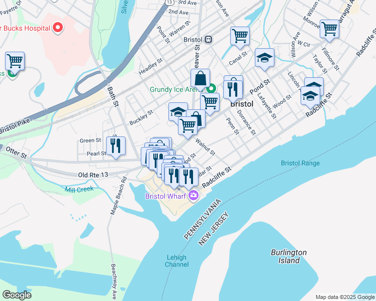 map of restaurants, bars, coffee shops, grocery stores, and more near 320 Pond Street in Bristol