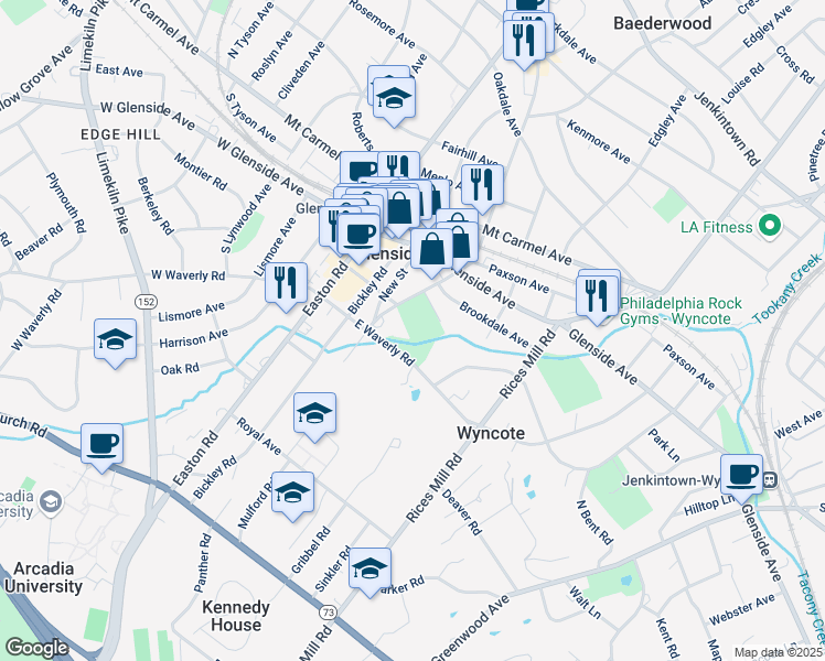 map of restaurants, bars, coffee shops, grocery stores, and more near 191 South Keswick Avenue in Glenside