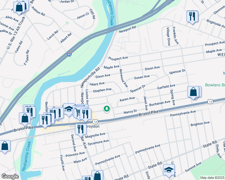 map of restaurants, bars, coffee shops, grocery stores, and more near 1006 Stephen Avenue in Croydon