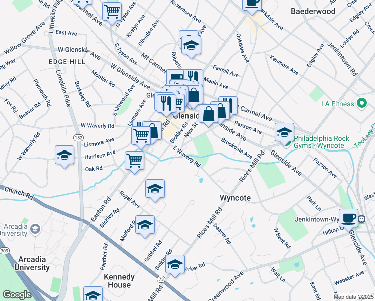 map of restaurants, bars, coffee shops, grocery stores, and more near 185 South Keswick Avenue in Glenside