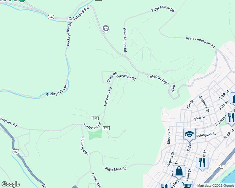 map of restaurants, bars, coffee shops, grocery stores, and more near 69798 Ohio Street in Martins Ferry