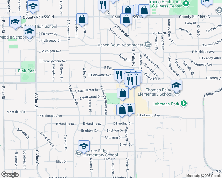 map of restaurants, bars, coffee shops, grocery stores, and more near 1205 East Florida Avenue in Urbana