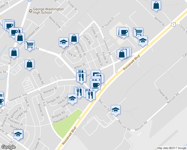 map of restaurants, bars, coffee shops, grocery stores, and more near 10155 Haldeman Avenue in Philadelphia