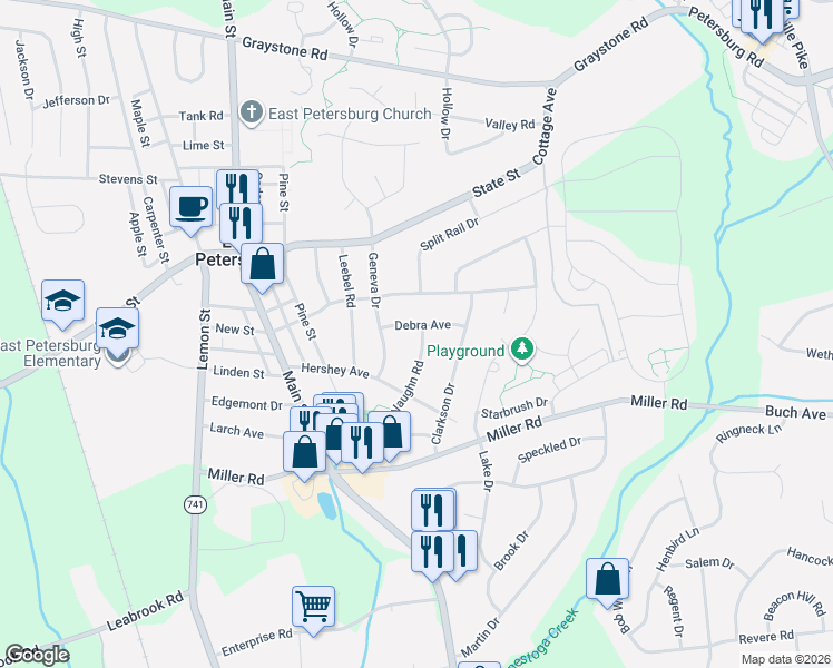 map of restaurants, bars, coffee shops, grocery stores, and more near 2343 Debra Avenue in East Petersburg