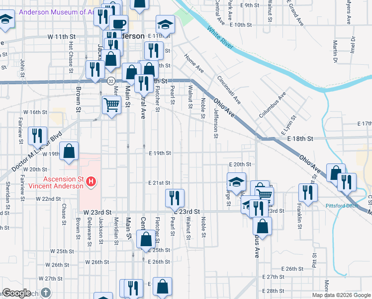 map of restaurants, bars, coffee shops, grocery stores, and more near 1820 Walnut Street in Anderson