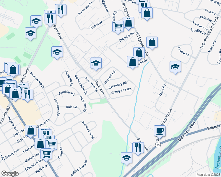 map of restaurants, bars, coffee shops, grocery stores, and more near 3621 Creamery Road in Bensalem