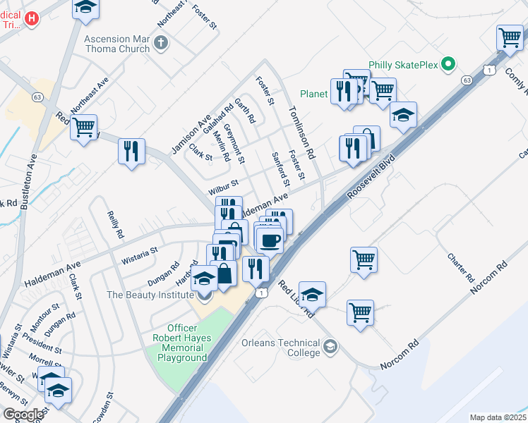 map of restaurants, bars, coffee shops, grocery stores, and more near 10155 Haldeman Avenue in Philadelphia