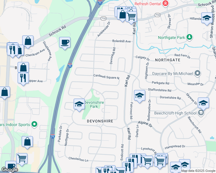 map of restaurants, bars, coffee shops, grocery stores, and more near 1422 Cardwell Square South in Columbus