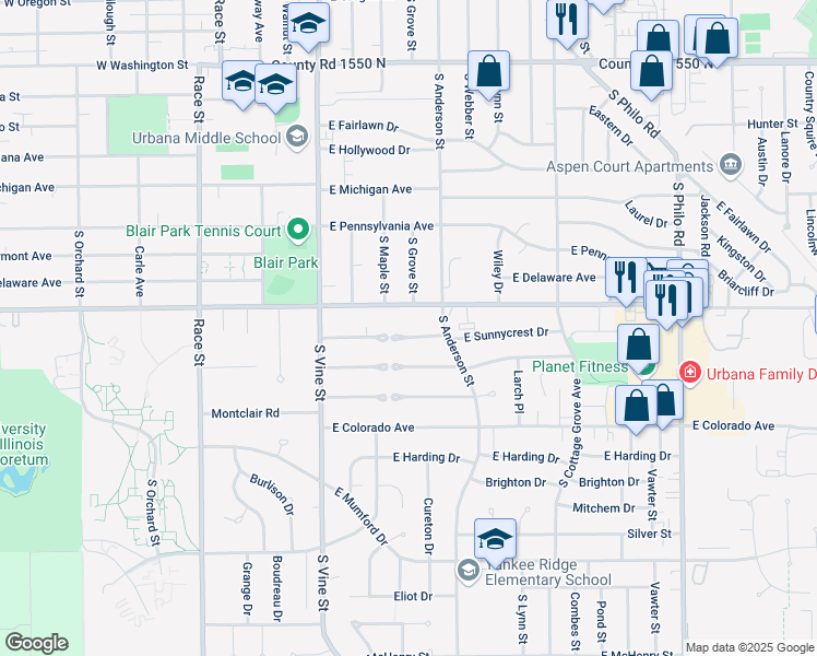 map of restaurants, bars, coffee shops, grocery stores, and more near 507 East Florida Avenue in Urbana
