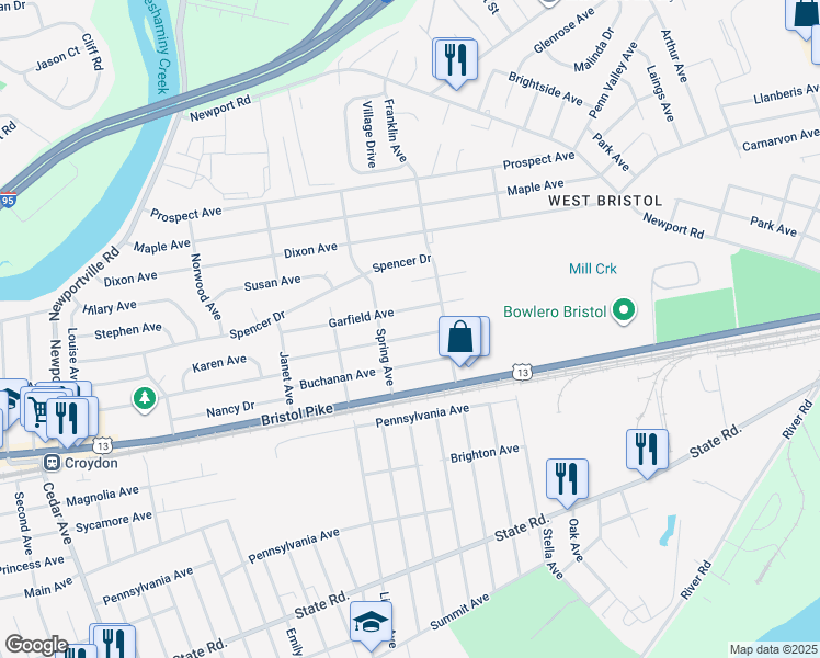 map of restaurants, bars, coffee shops, grocery stores, and more near 2031 Lincoln Avenue in Croydon