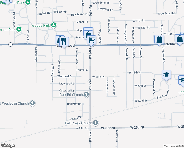 map of restaurants, bars, coffee shops, grocery stores, and more near 1732 Park Road in Anderson