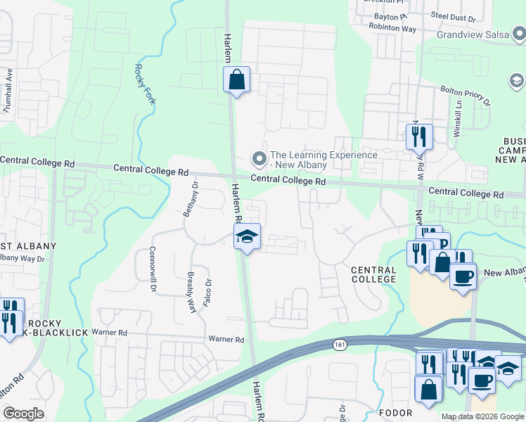 map of restaurants, bars, coffee shops, grocery stores, and more near 6510 Harlem Road in New Albany