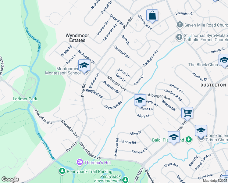 map of restaurants, bars, coffee shops, grocery stores, and more near 124 Pocasset Road in Philadelphia