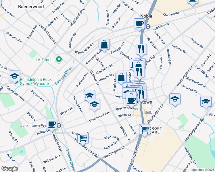 map of restaurants, bars, coffee shops, grocery stores, and more near 410 Linden Street in Jenkintown