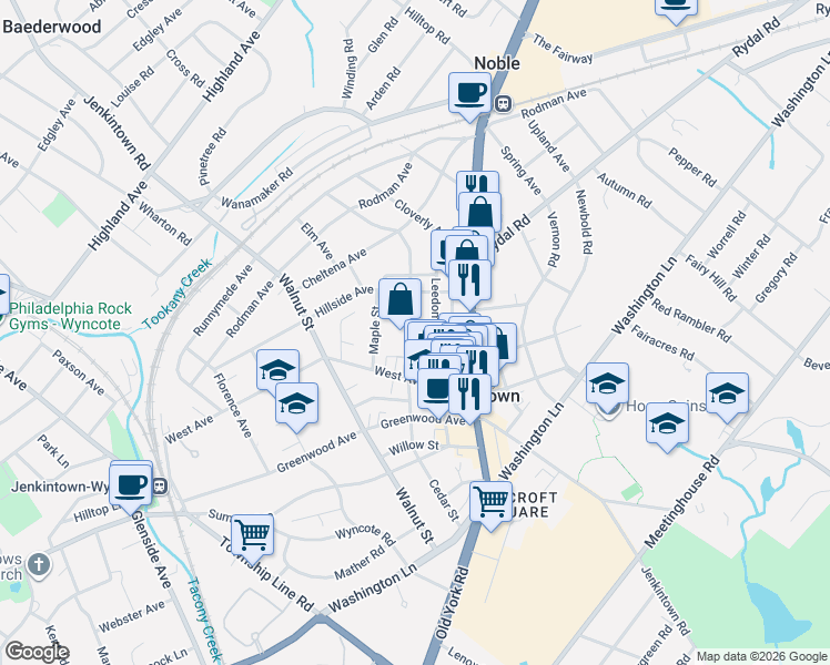 map of restaurants, bars, coffee shops, grocery stores, and more near 457 Leedom Street in Jenkintown