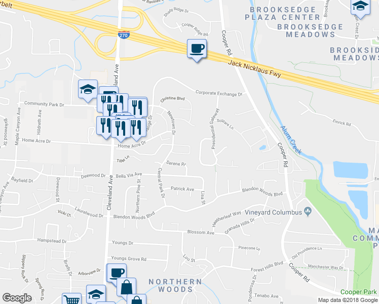map of restaurants, bars, coffee shops, grocery stores, and more near 2702 Woodland Trail Drive in Columbus