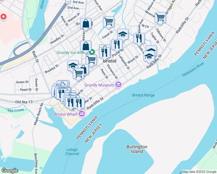 map of restaurants, bars, coffee shops, grocery stores, and more near 124 Penn Street in Bristol