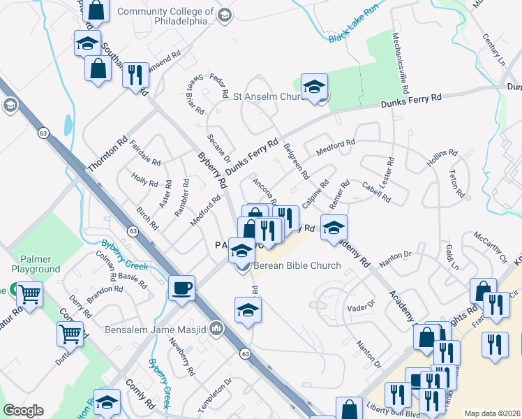 map of restaurants, bars, coffee shops, grocery stores, and more near 12401 Balston Road in Philadelphia