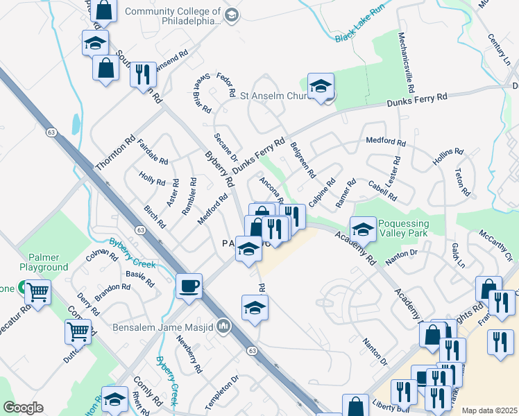 map of restaurants, bars, coffee shops, grocery stores, and more near 12401 Balston Road in Philadelphia