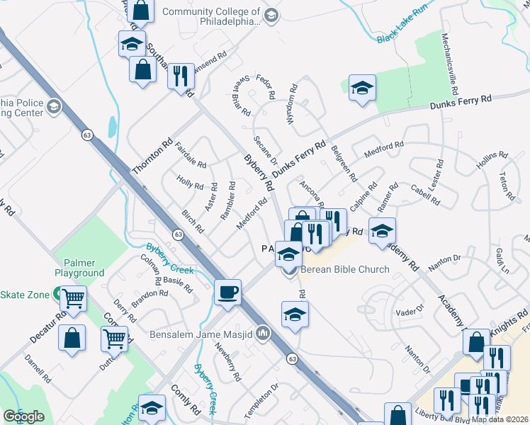 map of restaurants, bars, coffee shops, grocery stores, and more near 12220 Medford Road in Philadelphia