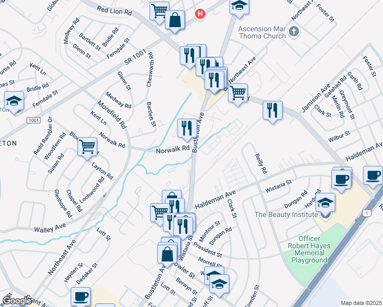 map of restaurants, bars, coffee shops, grocery stores, and more near 9915 Bustleton Avenue in Philadelphia