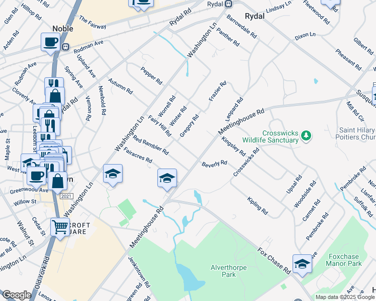 map of restaurants, bars, coffee shops, grocery stores, and more near 1225 Fairy Hill Road in Rydal