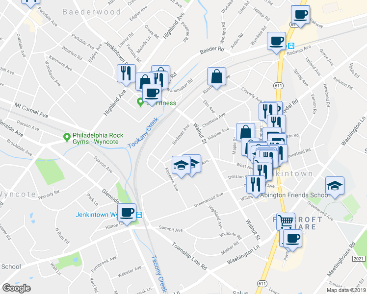 map of restaurants, bars, coffee shops, grocery stores, and more near 311 Hillside Avenue in Jenkintown