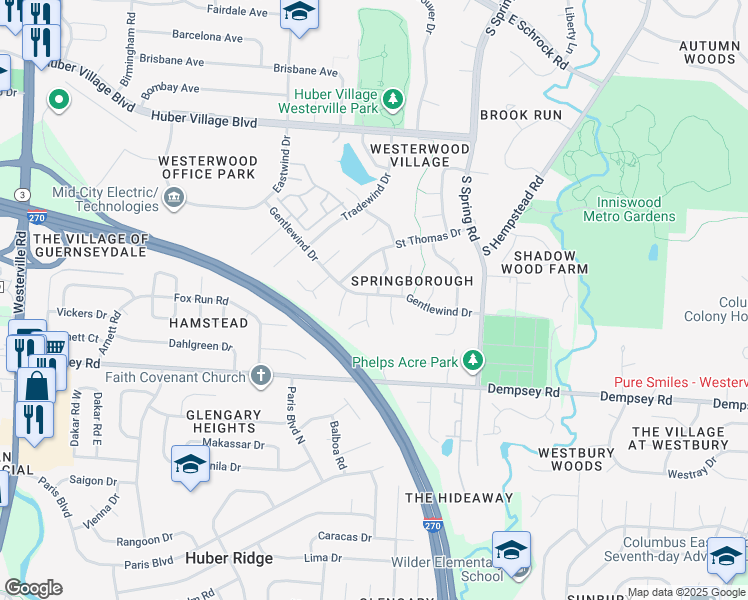 map of restaurants, bars, coffee shops, grocery stores, and more near 372 Gentlewind Drive in Westerville