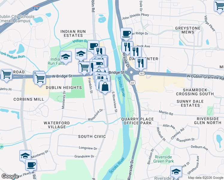 map of restaurants, bars, coffee shops, grocery stores, and more near 84 South Riverview Street in Dublin
